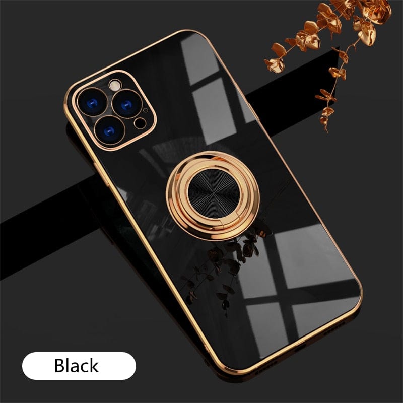 Luxury Plating Silicone Case For iPhone 14 13 12 11 Pro Xs Max Mini SE X XR 7 8 Plus Metal Ring Holder Stand Soft Phone Cover