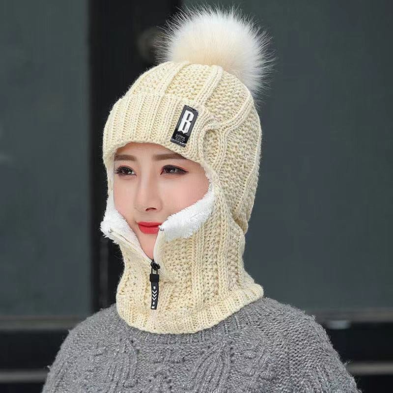 Women Wool Knitted Hat Ski Hat Windproof Winter Outdoor Knit Thick Siamese Scarf Collar Warm Keep Face Warmer Beanies Hat