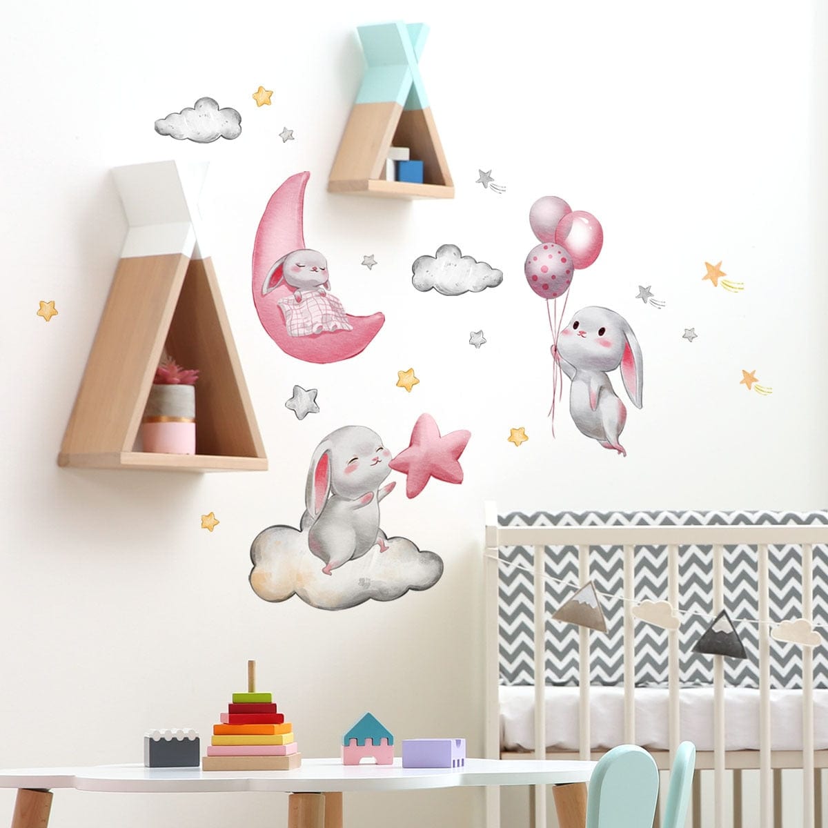 Baby Girls Room Wall Stickers Cartoon Pink Rabbit Wall Decals Bedroom Decoration Kids Room Nursery Room Kindergarten Stickers