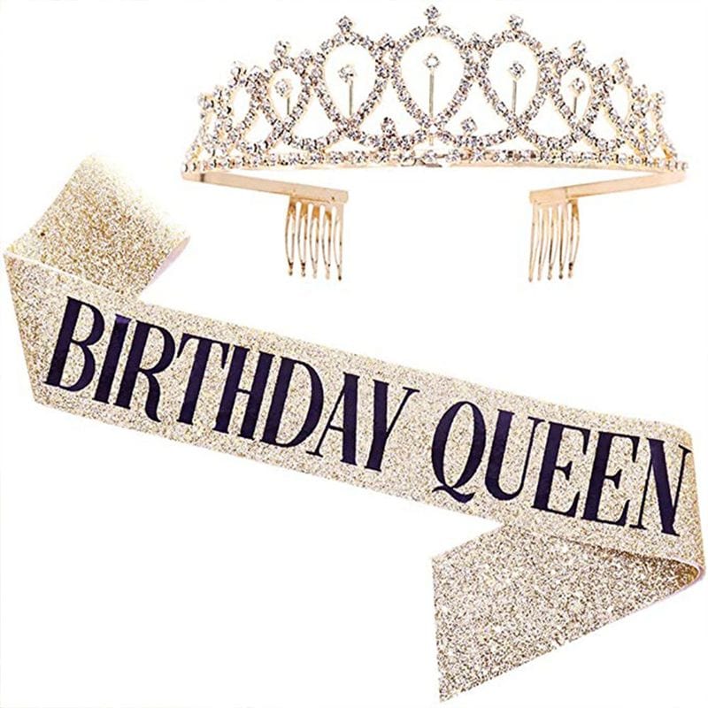 Bling Rhinestone Crystal Crown Tiara Birthday Anniversary Decoration Happy 18 21 30 40 50th Birthday Satin Sash Party Supplies