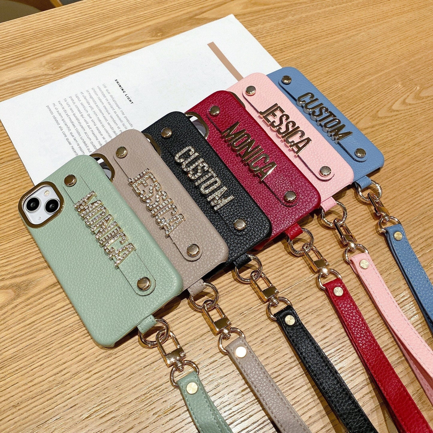 Personalize Name Strap PU Leather Phone Case For iPhone 11 12 13 14 Pro Max Plus Lanyard Diamond Metal Letter Monogram Cover