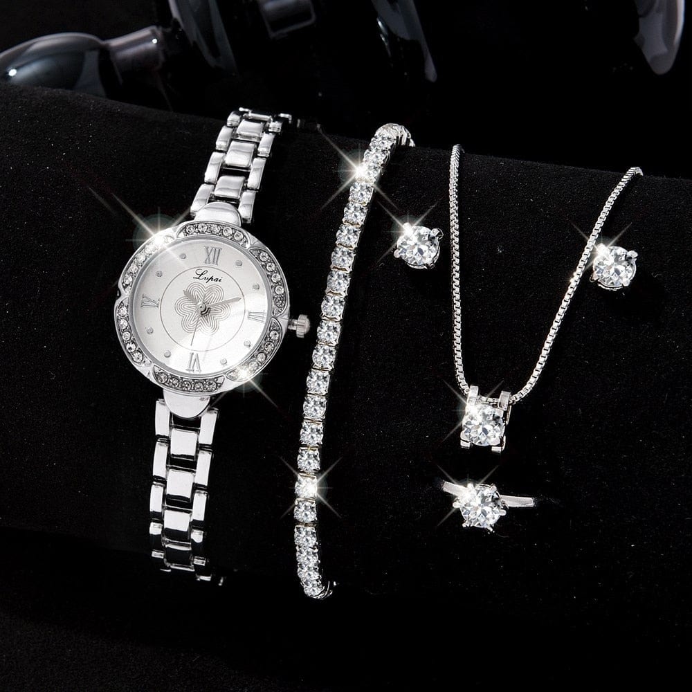 5PCS Set Luxury Watch Women Ring Necklace Earrings Bracelet Rhinestone Fashion Wristwatch Female Casual Ladies Watches Jewelry Set