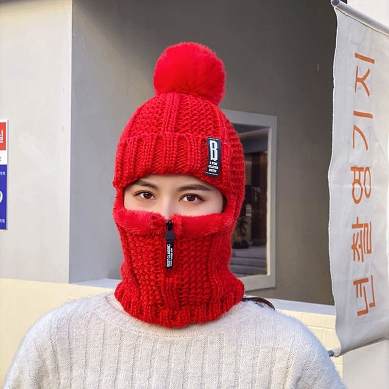 Women Wool Knitted Hat Ski Hat Windproof Winter Outdoor Knit Thick Siamese Scarf Collar Warm Keep Face Warmer Beanies Hat