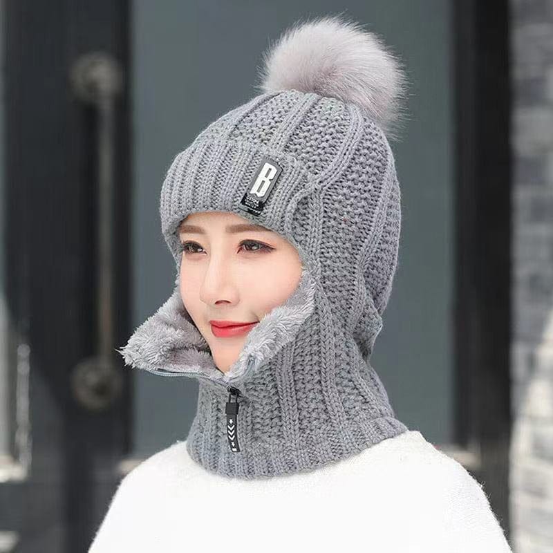 Women Wool Knitted Hat Ski Hat Windproof Winter Outdoor Knit Thick Siamese Scarf Collar Warm Keep Face Warmer Beanies Hat