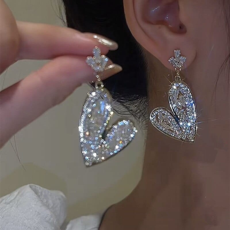 Fashion Rhinestone Transparent Pink Heart Earrings for Women Advanced Design Luxury Zircon Earrings Wedding Party Jewelry Gift