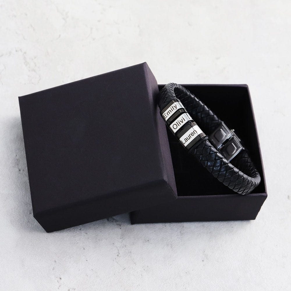 Personalized Mens Genuine Leather Bracelet Stainless Steel Custom Beads Name Charm Bracelet Jewelry for Men with Gift Box