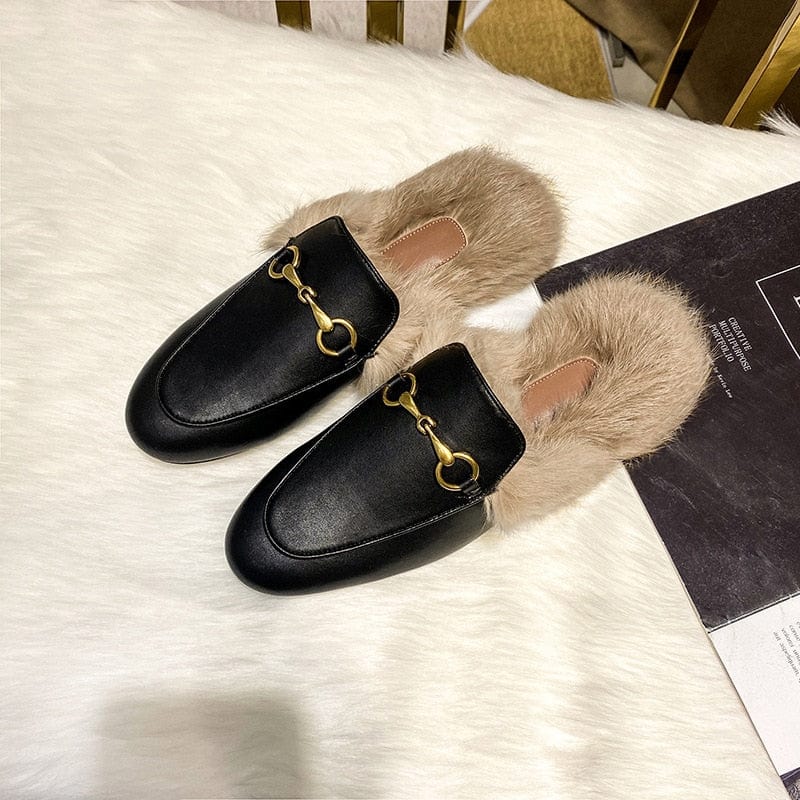 Buckle Fashion Rabbit Hair Muller Shoes Fur Slippers Women's Half Slippers