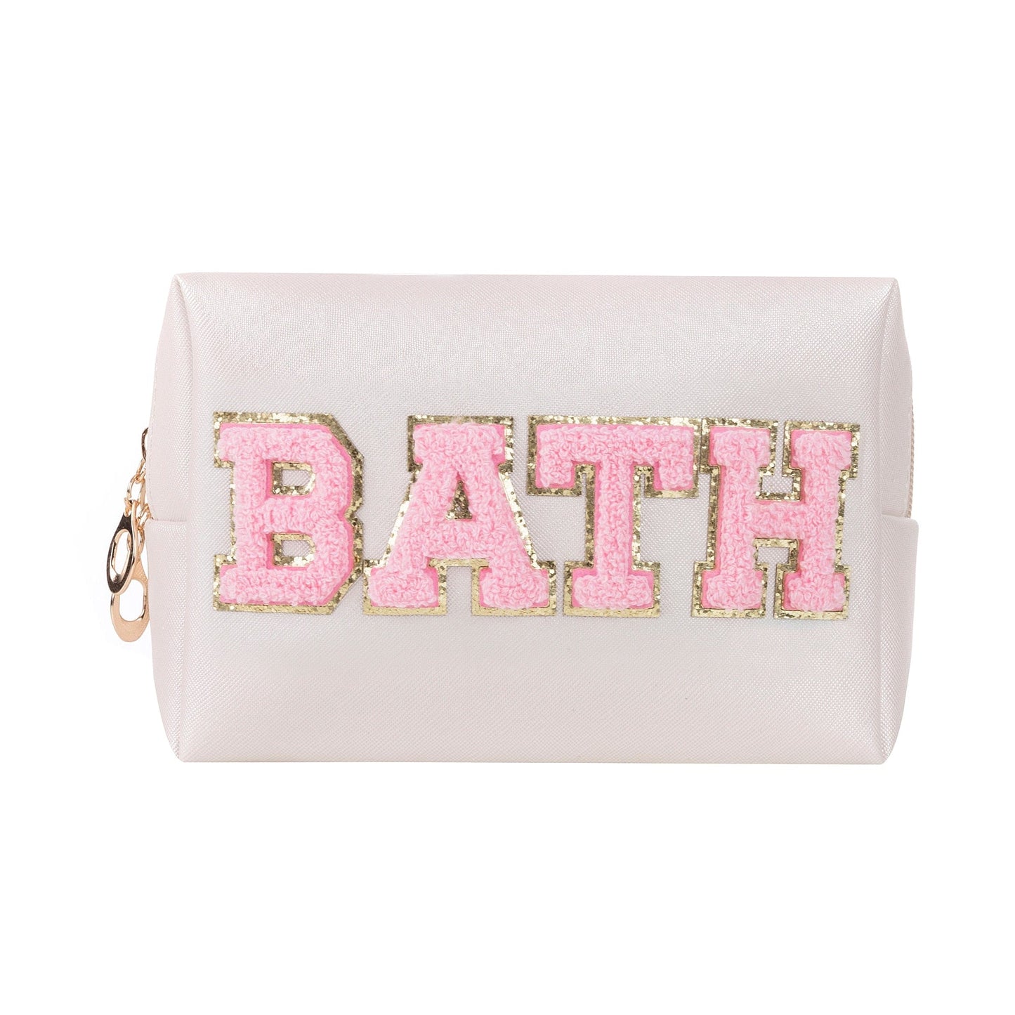 Women Girls Preppy Patch Waterproof Chenille Letter Skincare PU Leather Portable Makeup Cosmetic Toiletry Bag for Daily Use