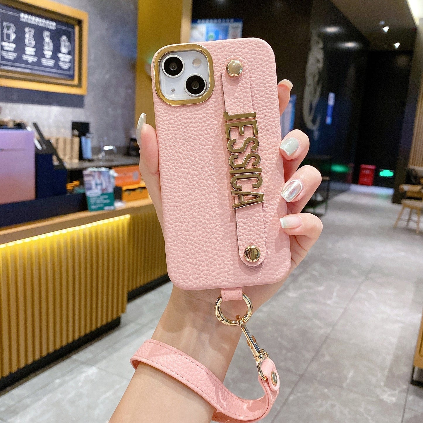 Personalize Name Strap PU Leather Phone Case For iPhone 11 12 13 14 Pro Max Plus Lanyard Diamond Metal Letter Monogram Cover