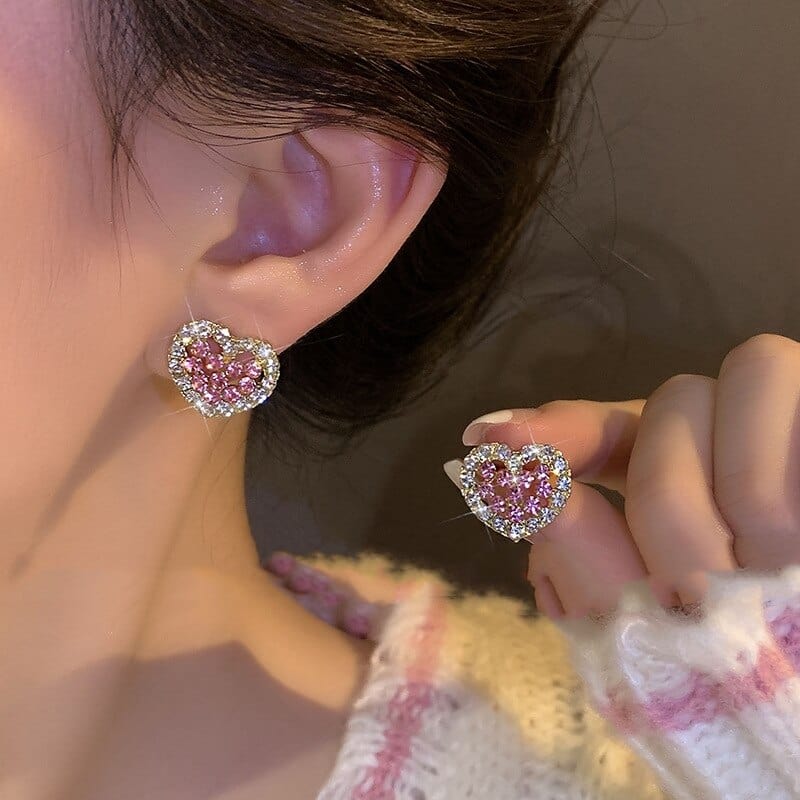 Fashion Rhinestone Transparent Pink Heart Earrings for Women Advanced Design Luxury Zircon Earrings Wedding Party Jewelry Gift