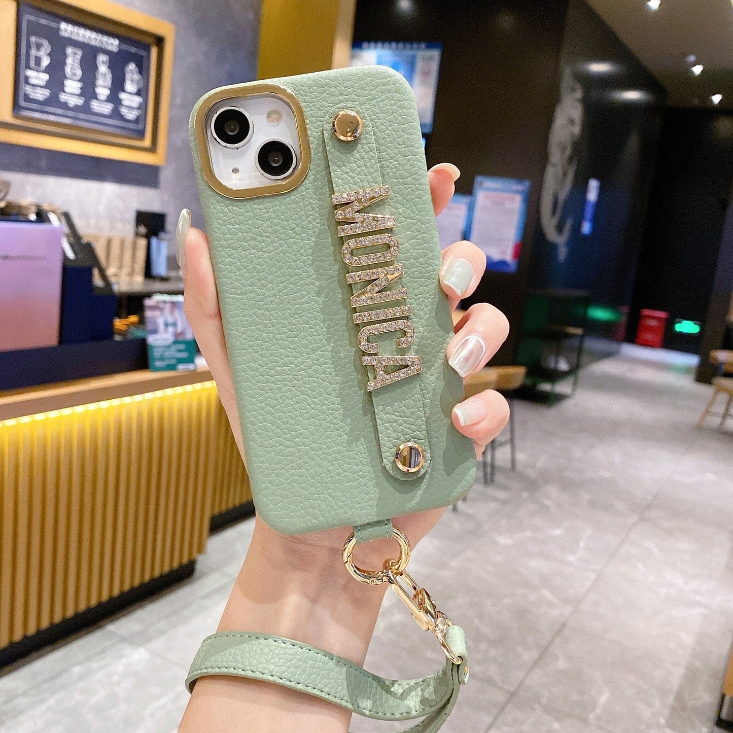 Personalize Name Strap PU Leather Phone Case For iPhone 11 12 13 14 Pro Max Plus Lanyard Diamond Metal Letter Monogram Cover