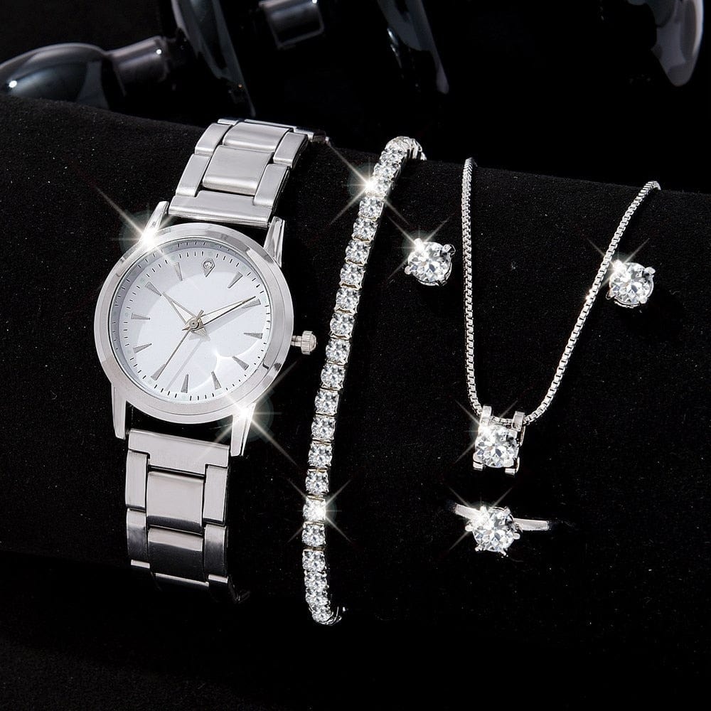 5PCS Set Luxury Watch Women Ring Necklace Earrings Bracelet Rhinestone Fashion Wristwatch Female Casual Ladies Watches Jewelry Set