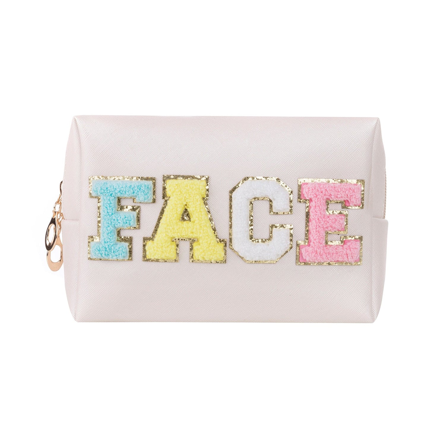 Women Girls Preppy Patch Waterproof Chenille Letter Skincare PU Leather Portable Makeup Cosmetic Toiletry Bag for Daily Use