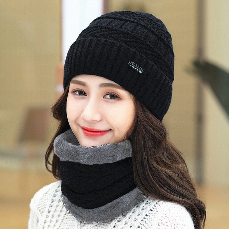 Two-Piece Set Fashion Women Knitted Hat Scarf Caps Neck Warmer Winter Hats For Men Women Beanies Warm Fleece Cap