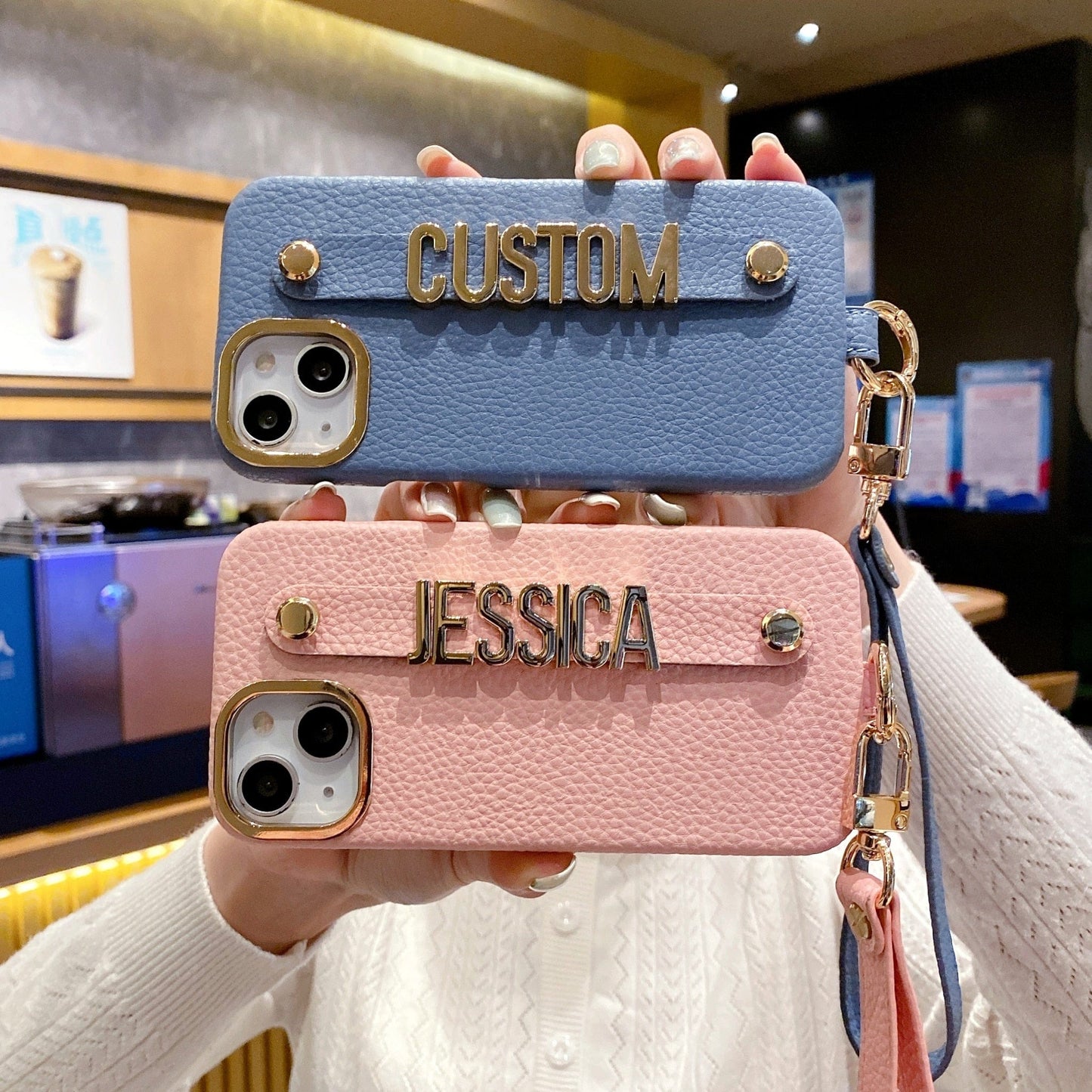 Personalize Name Strap PU Leather Phone Case For iPhone 11 12 13 14 Pro Max Plus Lanyard Diamond Metal Letter Monogram Cover