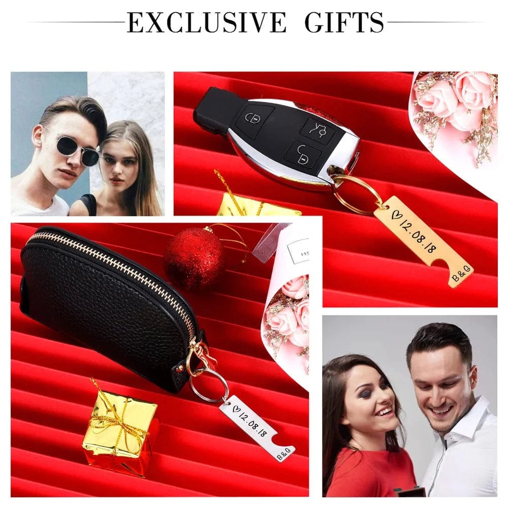 Personalized Heart Keychain Set Engraved Date and Name Love Keyring Gift for Couples