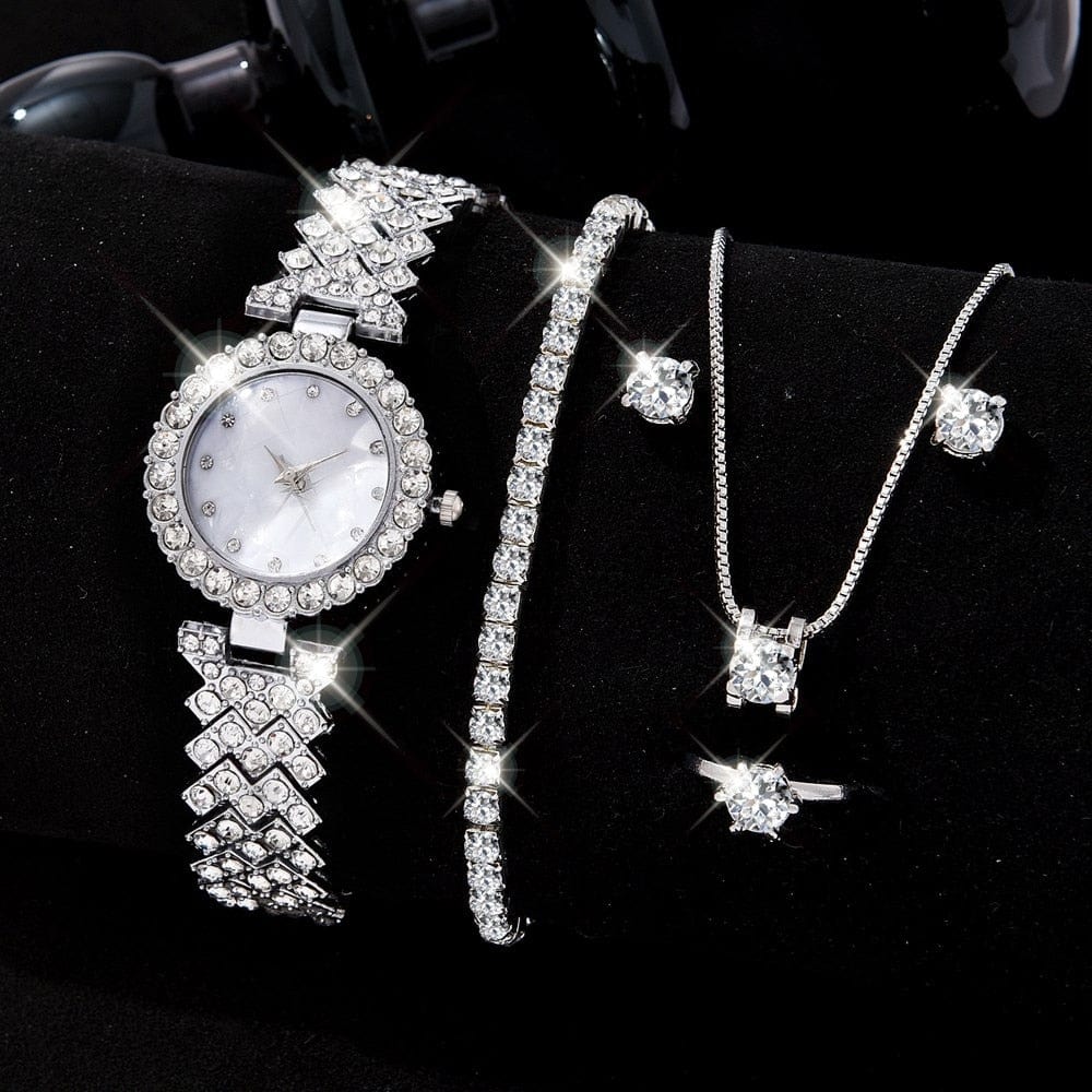 5PCS Set Luxury Watch Women Ring Necklace Earrings Bracelet Rhinestone Fashion Wristwatch Female Casual Ladies Watches Jewelry Set