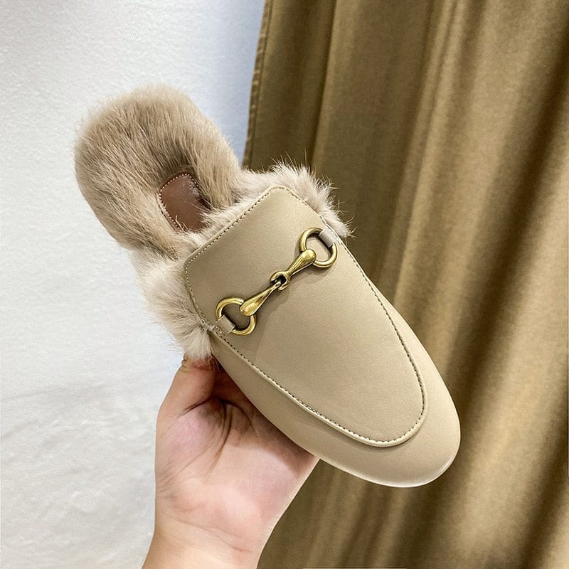 Buckle Fashion Rabbit Hair Muller Shoes Fur Slippers Women's Half Slippers