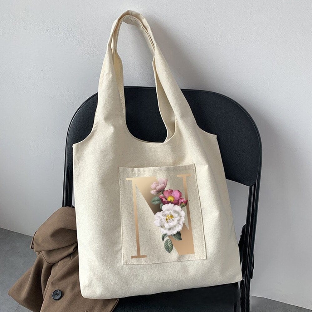 Women Fashion New Commuter Bag Shoulder Bag Letter Initial Name Pattern Print Beige Canvas Tote Bag Shopping Student Tote Bag