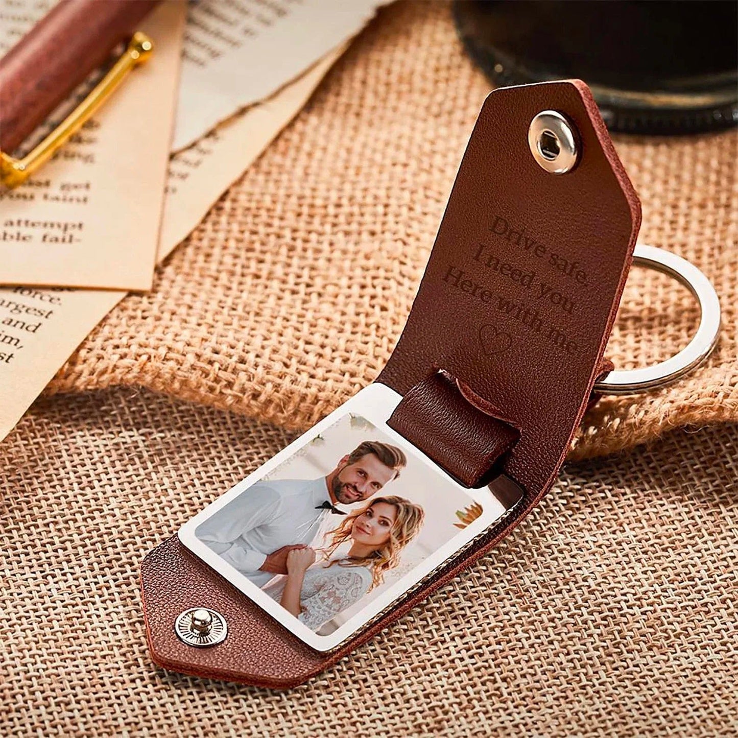 Custom Name  Photo PU Leather Clip Photo Keychain