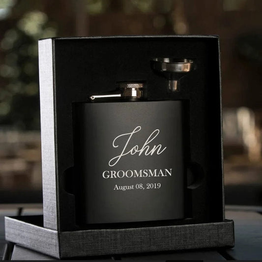 Custom 6oz Black Hip Flask with Shot Glass Personalised Engraved Best Man Flasks Wedding Groomsmen Whiskey Lover Gift