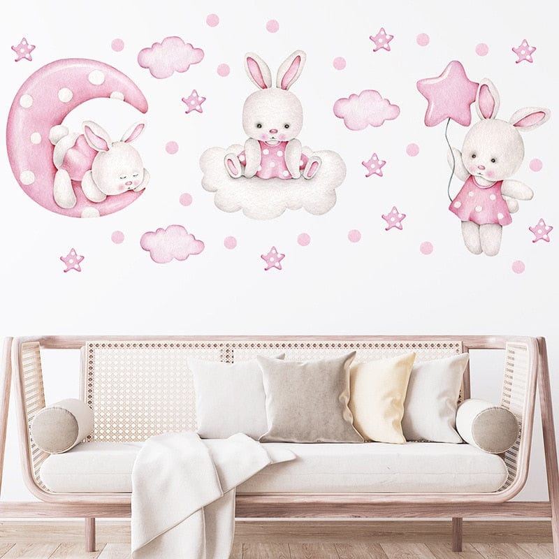 Baby Girls Room Wall Stickers Cartoon Pink Rabbit Wall Decals Bedroom Decoration Kids Room Nursery Room Kindergarten Stickers