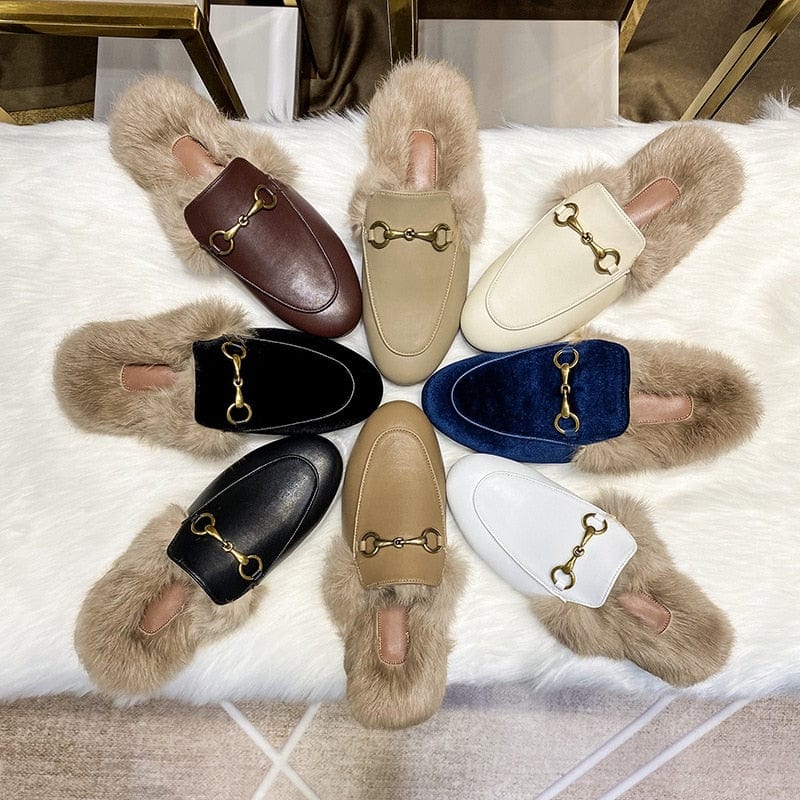 Buckle Fashion Rabbit Hair Muller Shoes Fur Slippers Women's Half Slippers