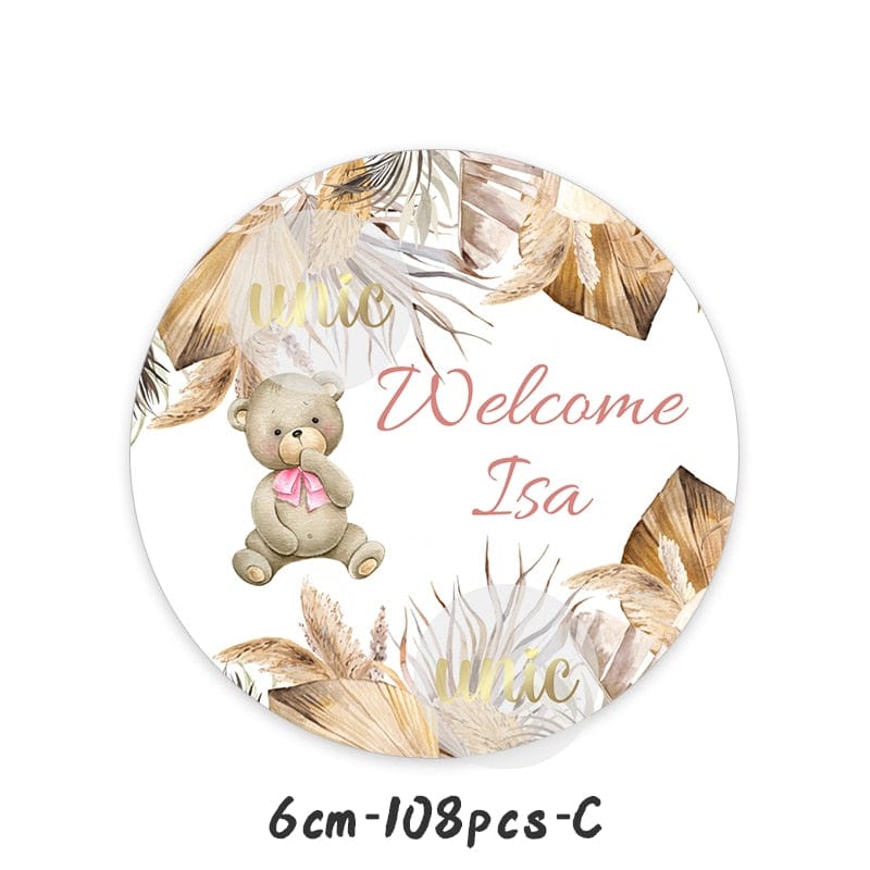 Personalise Pampas Grass Boho Bear Round Sticker Water Bottle Labels 1st Birthday Baby Shower Welcome Baby Baptism Decor Custom