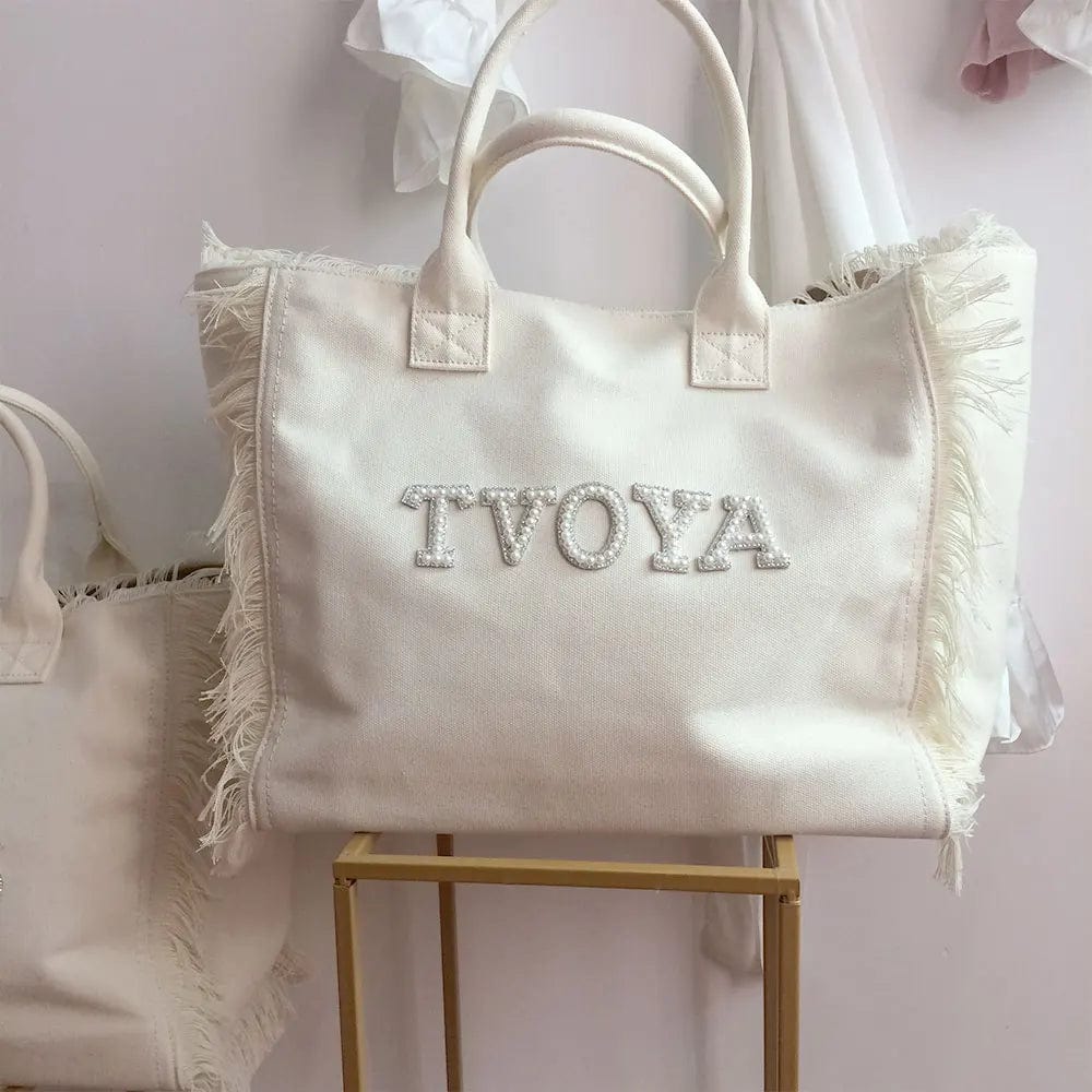 Custom Canvas Tote Bag for Bride With Fringe Pearl Letters Rhinestones