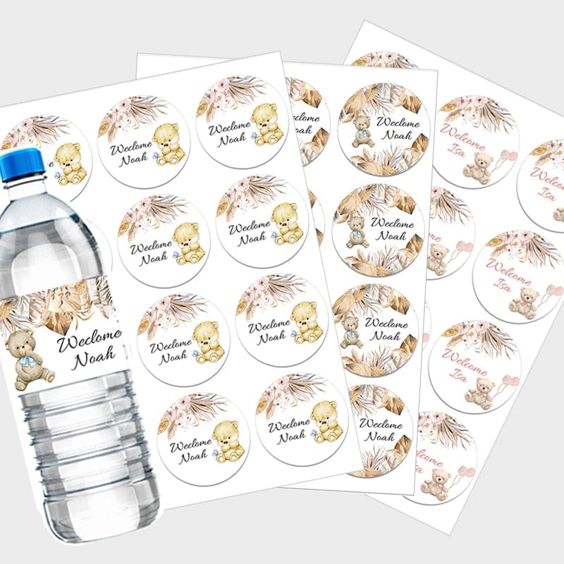 Personalise Pampas Grass Boho Bear Round Sticker Water Bottle Labels 1st Birthday Baby Shower Welcome Baby Baptism Decor Custom