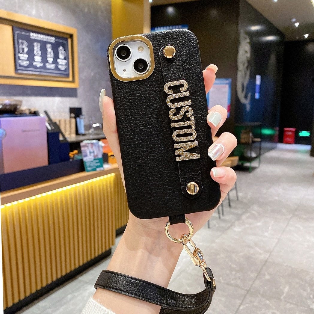 Personalize Name Strap PU Leather Phone Case For iPhone 11 12 13 14 Pro Max Plus Lanyard Diamond Metal Letter Monogram Cover