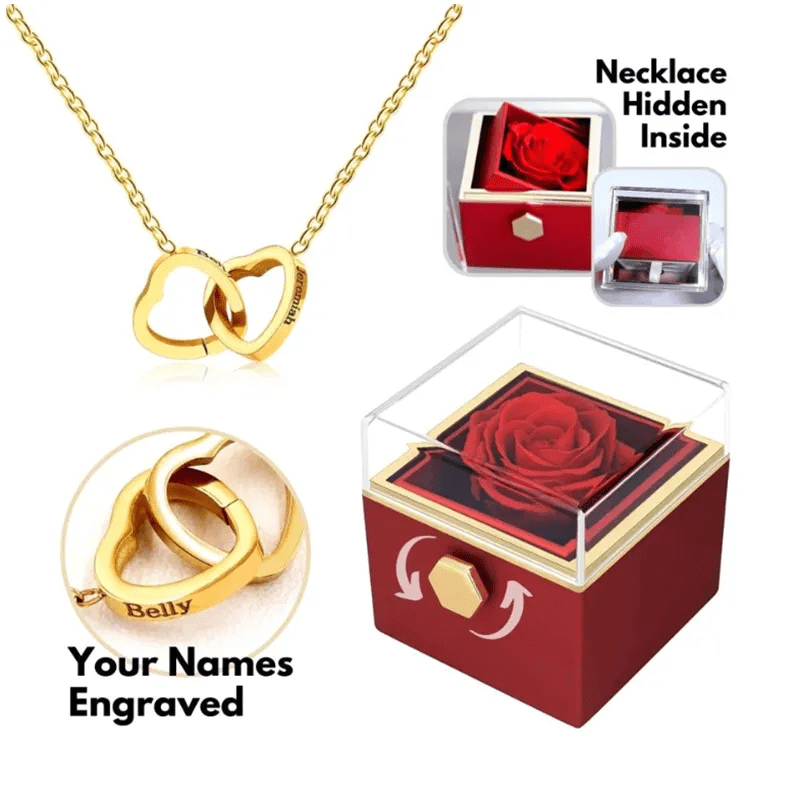 Custom Double Heart engraved Name Necklace Eternal Rose box for Valentine's Day