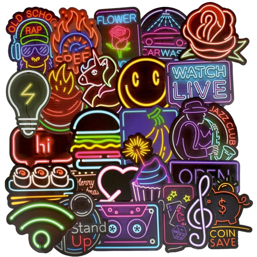 50 PCS Neon Light Sticker Anime Icon Animal Cute Decals Stickers Gifts for Children to Laptop Suitcase Guitar Fridge Bicycle Car