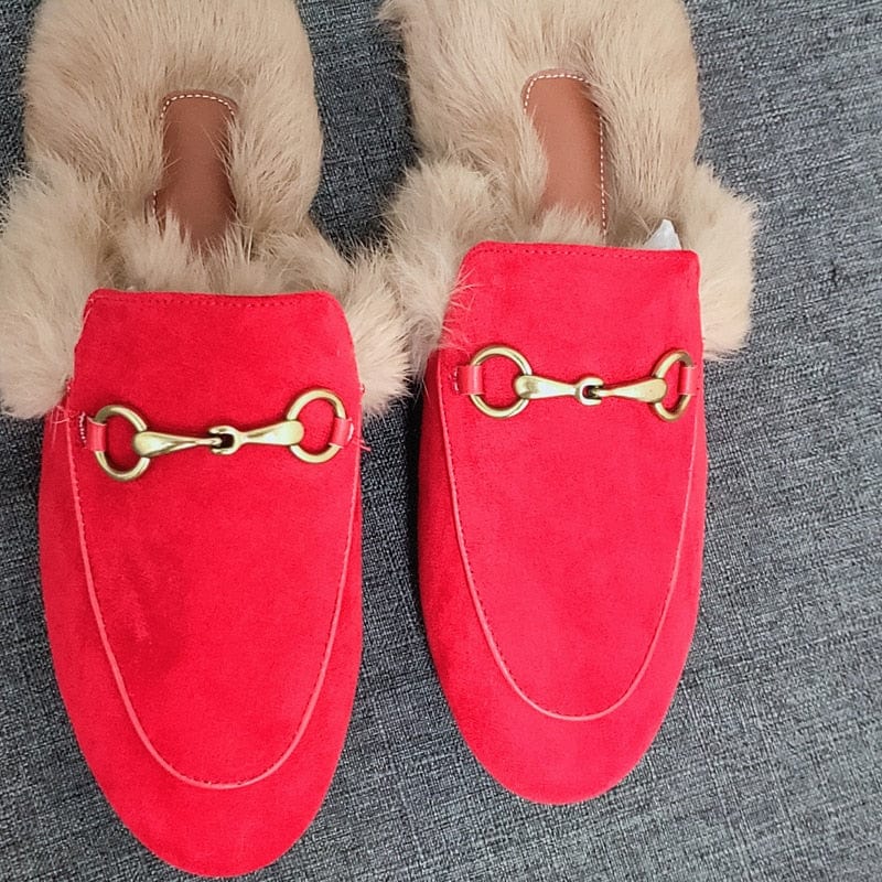 Buckle Fashion Rabbit Hair Muller Shoes Fur Slippers Women's Half Slippers