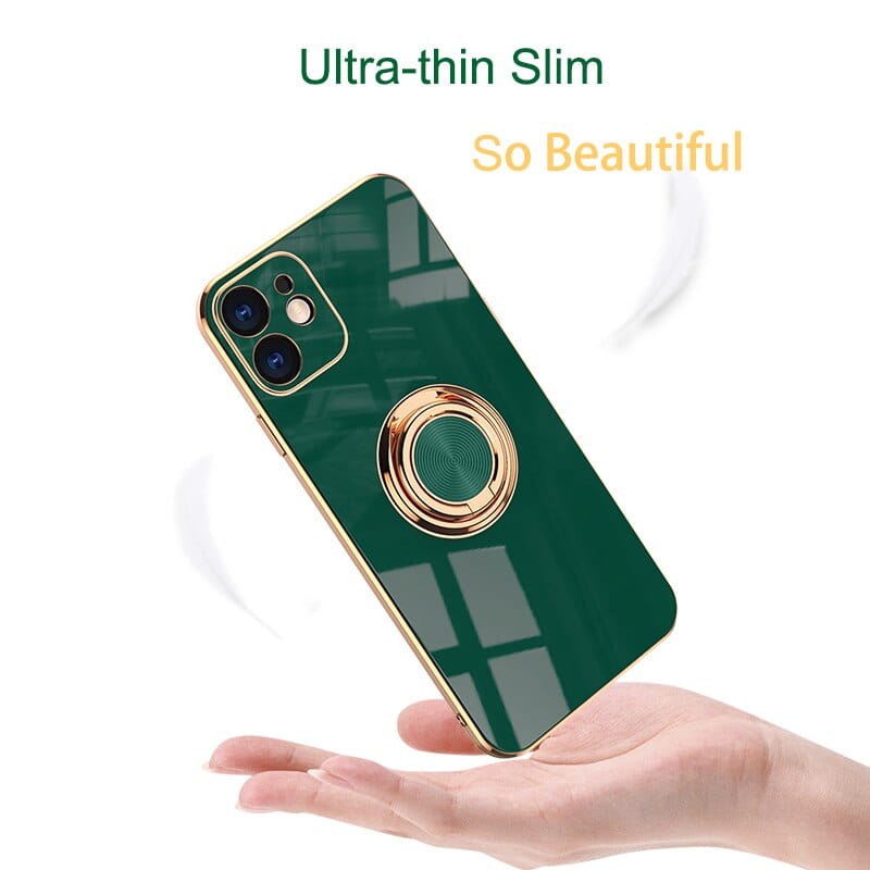 Luxury Plating Silicone Case For iPhone 14 13 12 11 Pro Xs Max Mini SE X XR 7 8 Plus Metal Ring Holder Stand Soft Phone Cover