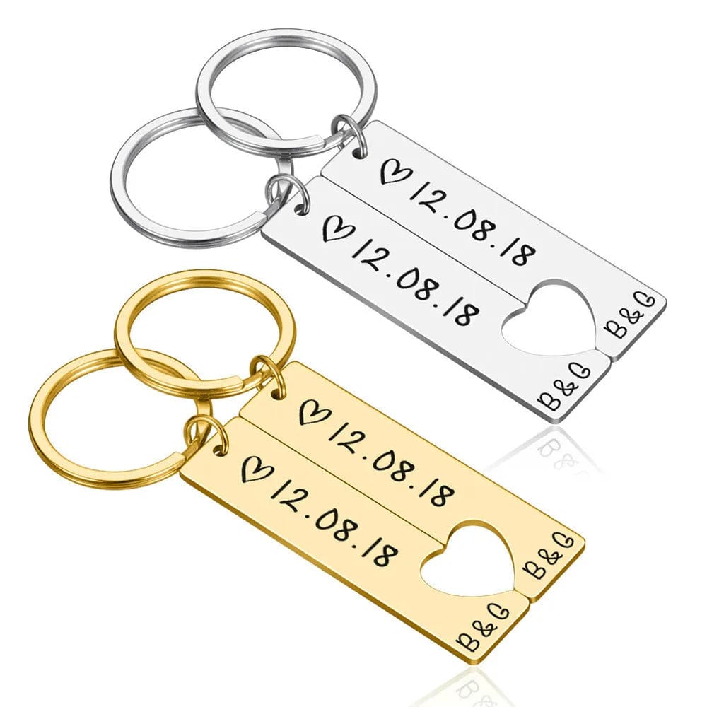 Personalized Heart Keychain Set Engraved Date and Name Love Keyring Gift for Couples