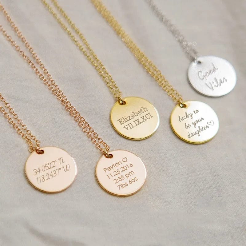 Custom Woman Girlfriend Engraved Name Date Stainless Steel Round Necklace