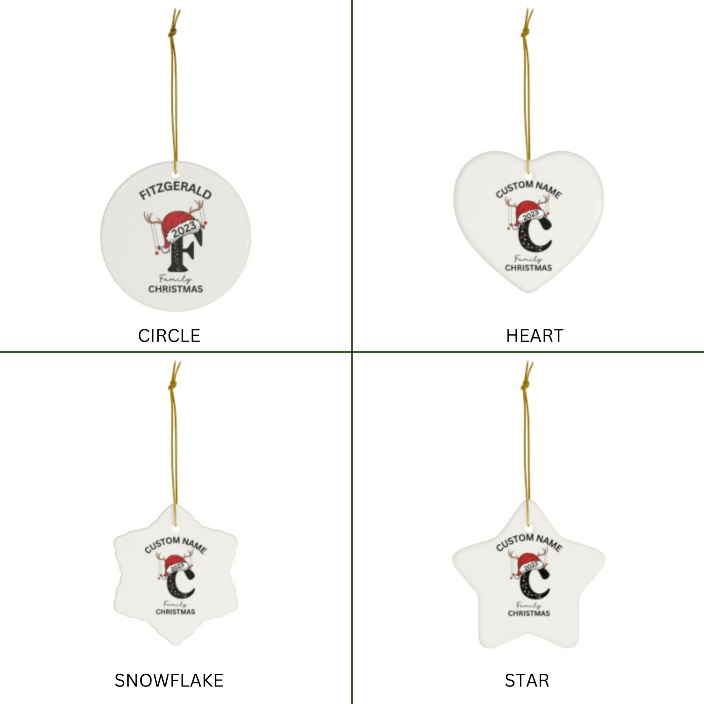 Christmas Custom Family Name Ceramic Ornament in 4 Shapes for Family and loved ones