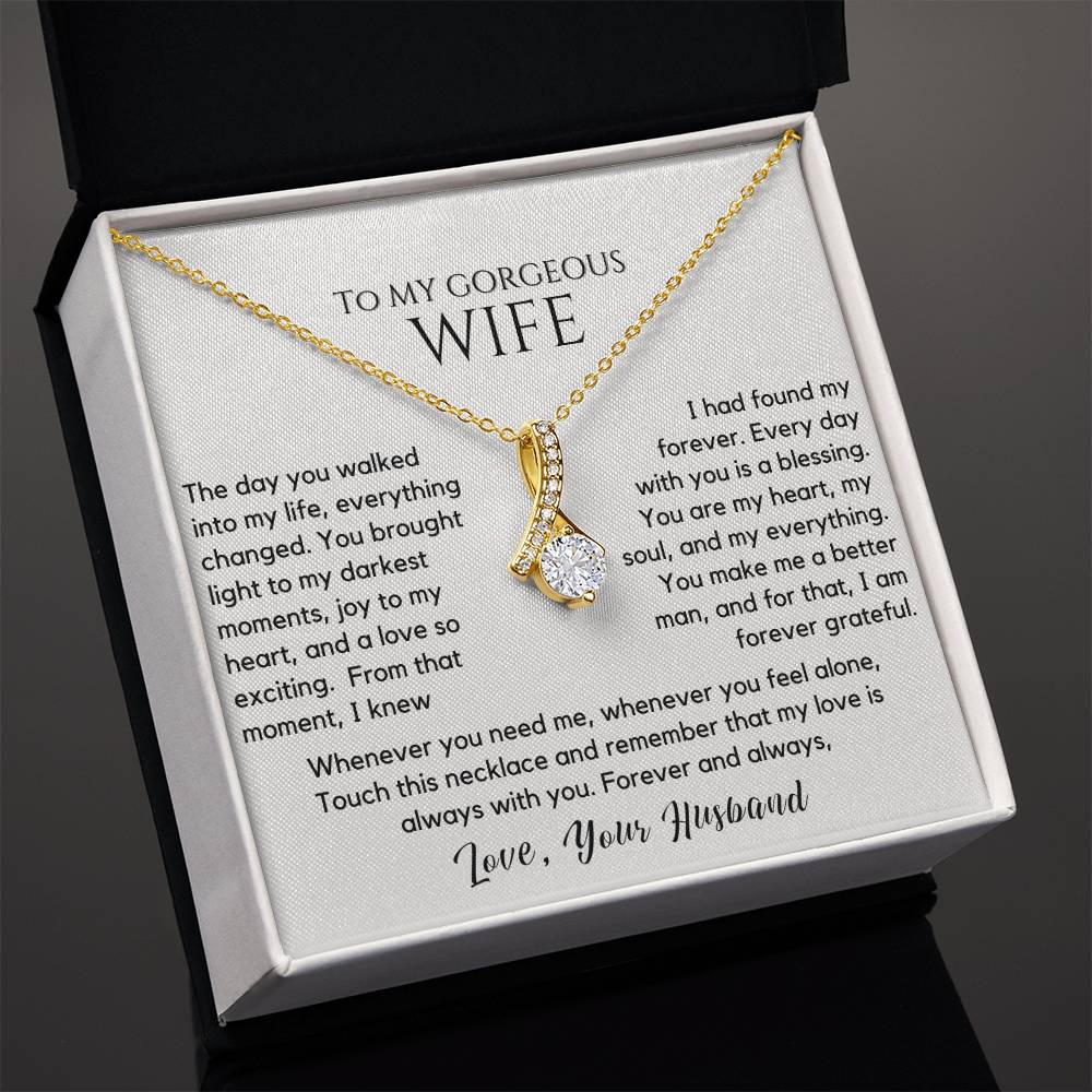 gift for wife, necklace for wife, romantic jewelry, anniversary gift, wife jewelry, love necklace, you are my forever necklace
Surprise your beloved with the "To My Gorgeous Wife - You Are My Forever" Necklace, a stunning symbol of your eternal love and commitment. This elegant necklace, crafted with premium materials, features a timeless design that beautifully complements any style. Whether for an anniversary, birthday, or just because, this heartfelt gift expresses how much she means to you. 