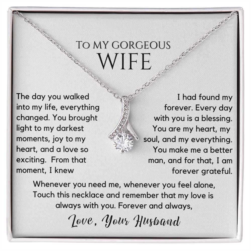 gift for wife, necklace for wife, romantic jewelry, anniversary gift, wife jewelry, love necklace, you are my forever necklace
Surprise your beloved with the "To My Gorgeous Wife - You Are My Forever" Necklace, a stunning symbol of your eternal love and commitment. This elegant necklace, crafted with premium materials, features a timeless design that beautifully complements any style. Whether for an anniversary, birthday, or just because, this heartfelt gift expresses how much she means to you. 