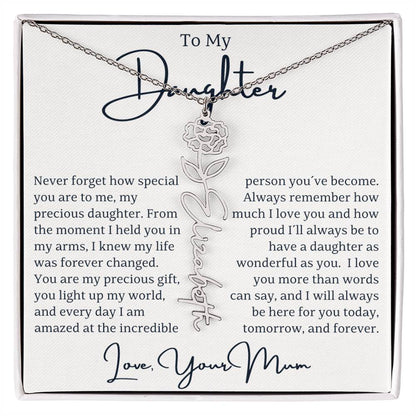 Surprise your beautiful daughter with a personalized gift that celebrates her unique identity and birth month! Our Custom Name and Birth Flower Gift is a heartfelt keepsake designed just for her. Featuring her name elegantly engraved alongside her birth flower, this exquisite piece is perfect for Christmas, birthdays, special occasions, or simply to show her how much she means to you. This one-of-a-kind gift adds a personal touch that will make her feel cherished. 