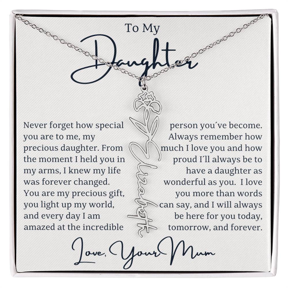 Surprise your beautiful daughter with a personalized gift that celebrates her unique identity and birth month! Our Custom Name and Birth Flower Gift is a heartfelt keepsake designed just for her. Featuring her name elegantly engraved alongside her birth flower, this exquisite piece is perfect for Christmas, birthdays, special occasions, or simply to show her how much she means to you. This one-of-a-kind gift adds a personal touch that will make her feel cherished. 