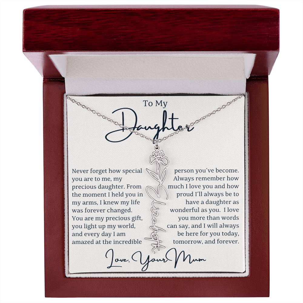 Surprise your beautiful daughter with a personalized gift that celebrates her unique identity and birth month! Our Custom Name and Birth Flower Gift is a heartfelt keepsake designed just for her. Featuring her name elegantly engraved alongside her birth flower, this exquisite piece is perfect for Christmas, birthdays, special occasions, or simply to show her how much she means to you. This one-of-a-kind gift adds a personal touch that will make her feel cherished. 