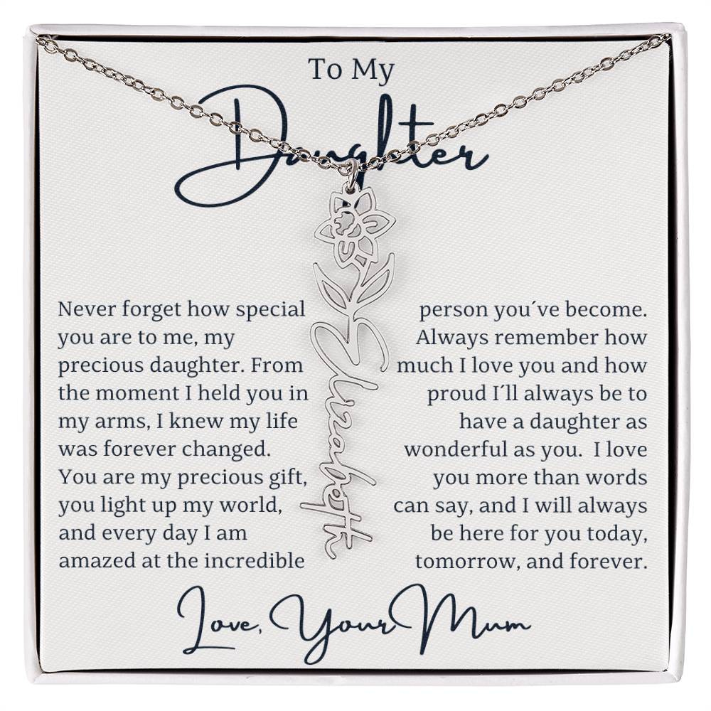 Surprise your beautiful daughter with a personalized gift that celebrates her unique identity and birth month! Our Custom Name and Birth Flower Gift is a heartfelt keepsake designed just for her. Featuring her name elegantly engraved alongside her birth flower, this exquisite piece is perfect for Christmas, birthdays, special occasions, or simply to show her how much she means to you. This one-of-a-kind gift adds a personal touch that will make her feel cherished. 