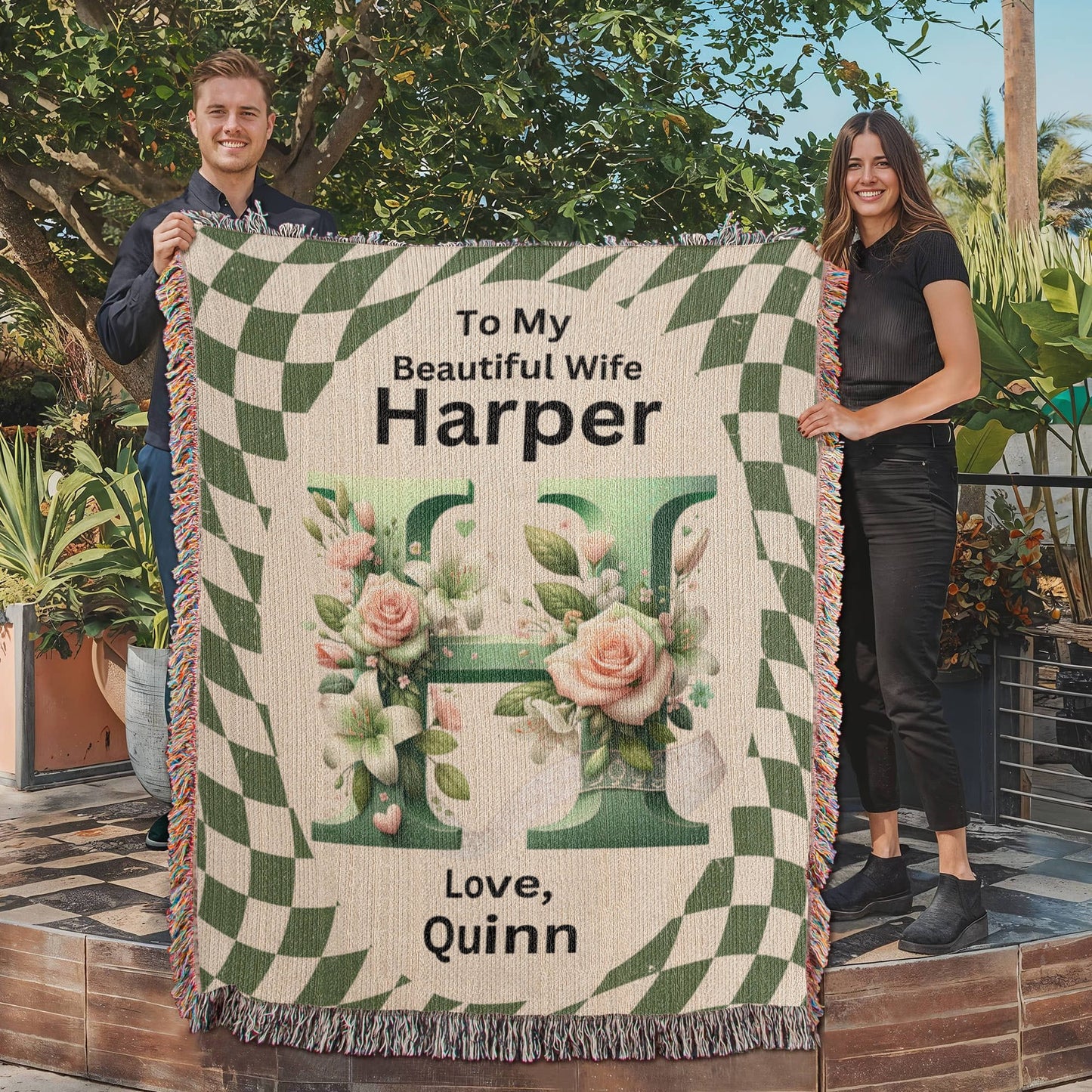 Gift For Beautiful Wife - Custom Name Initial - Woven Blanket