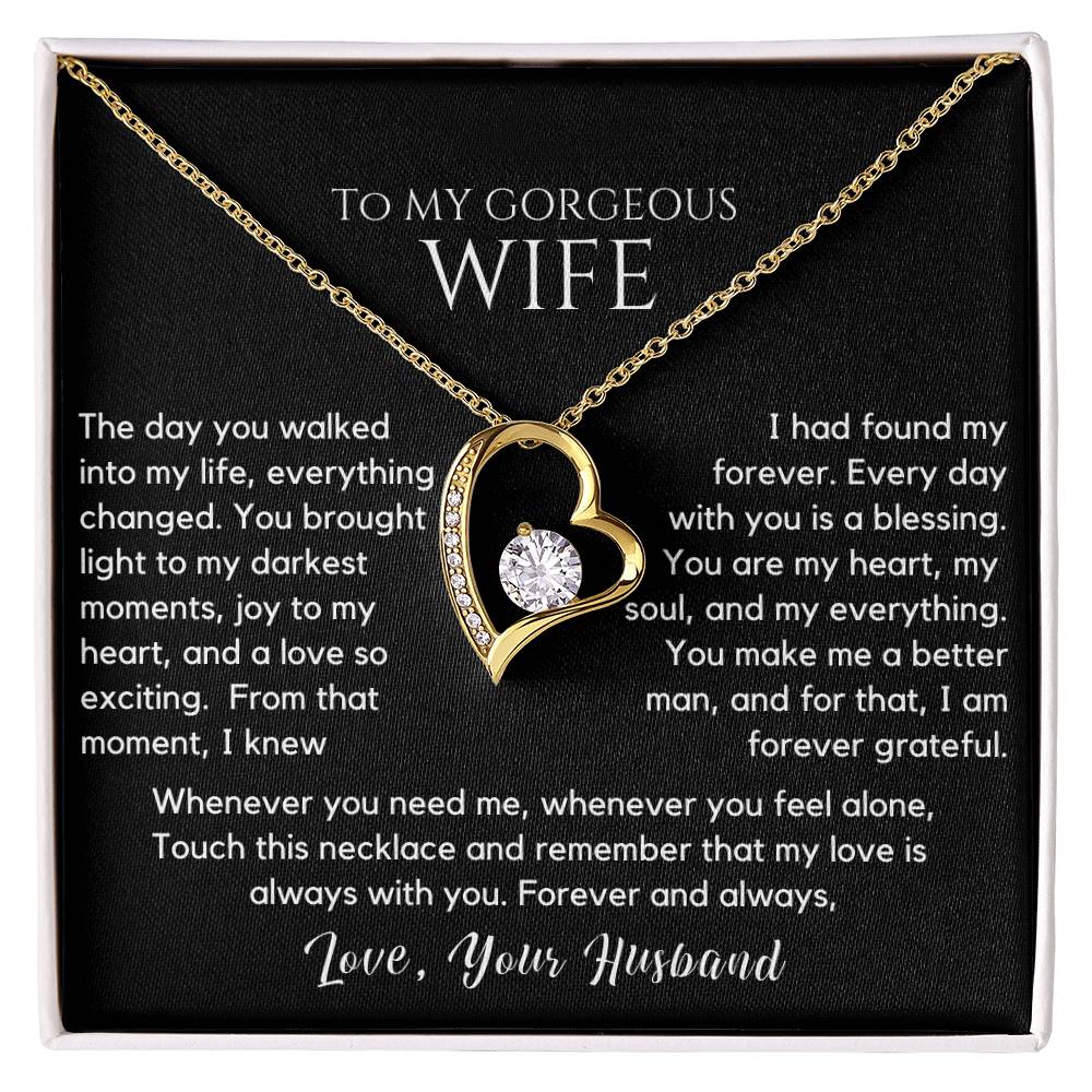 gift for wife, necklace for wife, romantic jewelry, anniversary gift, wife jewelry, love necklace, you are my forever necklace
Surprise your beloved with the "To My Gorgeous Wife - You Are My Forever" Necklace, a stunning symbol of your eternal love and commitment. This elegant necklace, crafted with premium materials, features a timeless design that beautifully complements any style. Whether for an anniversary, birthday, or just because, this heartfelt gift expresses how much she means to you. 