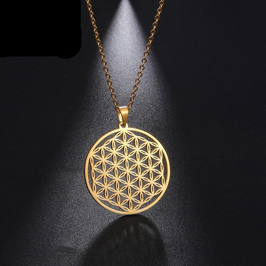 Vintage Flower of Life Necklace Women Pendant Aesthetic Stainless Steel Jewelry Gold Color Unisex Necklace