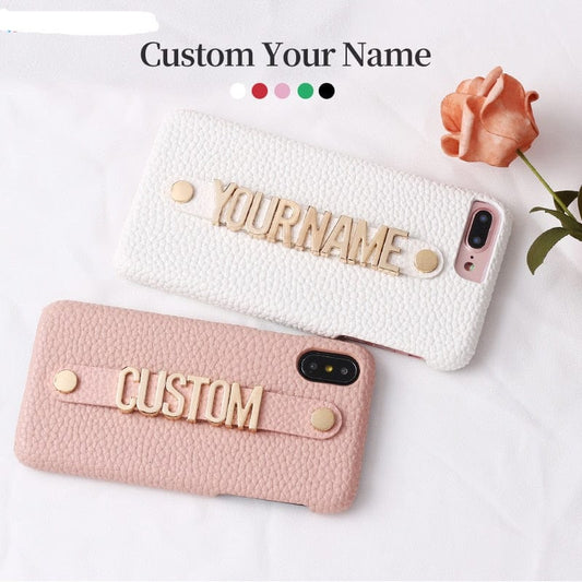 Holding Strap Letter Custom Personalize Name Pebble Leather Phone Case For iPhone14 14ProMax 14Plus 13Promax 13 12 1Luxury Cover