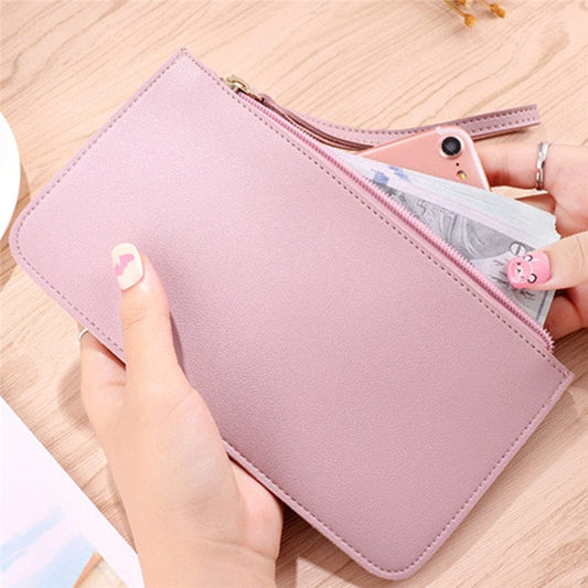 Women Wallet PU Leather Card Holder Solid Color Zipper Coin Purse Fashion Female Clutch Bag