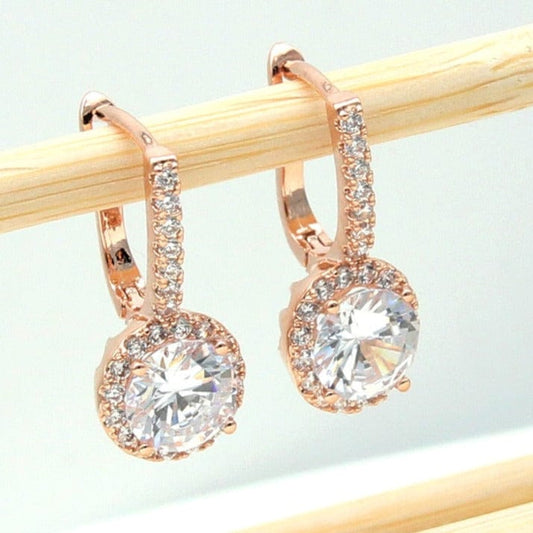 Women Rose Gold Color Round Cubic Zirconia Dangle Earrings For Women Wedding Party Jewelry Gift